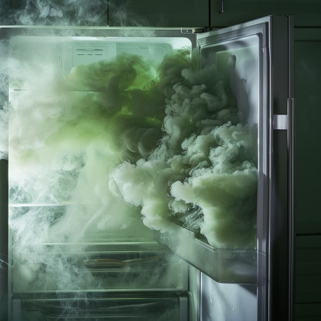 A close-up photo of an open refrigerator emitting a strange, greenish cloud of odor