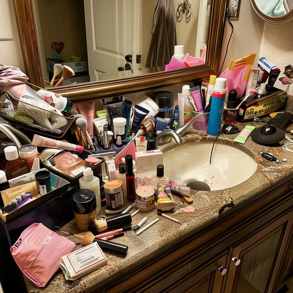 A cluttered bathroom counter with overflowing makeup bags, half-empty hygiene products, and a ring of toothpaste residue around the sink