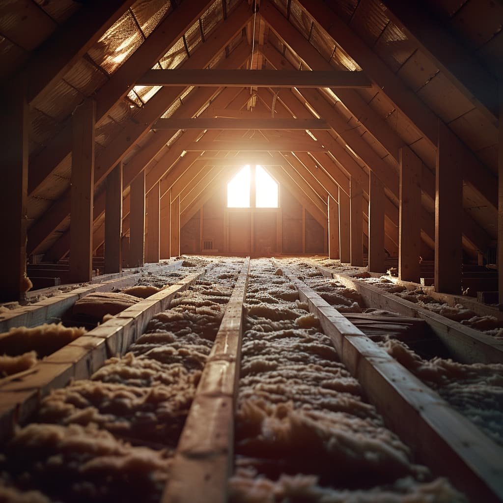 A dimly lit attic with exposed rafters and insulation