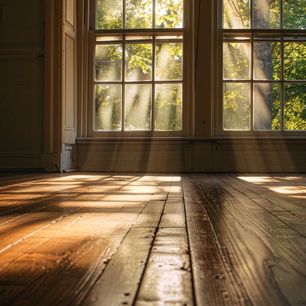 A hardwood floor discolored by harsh sunlight streaming through a window