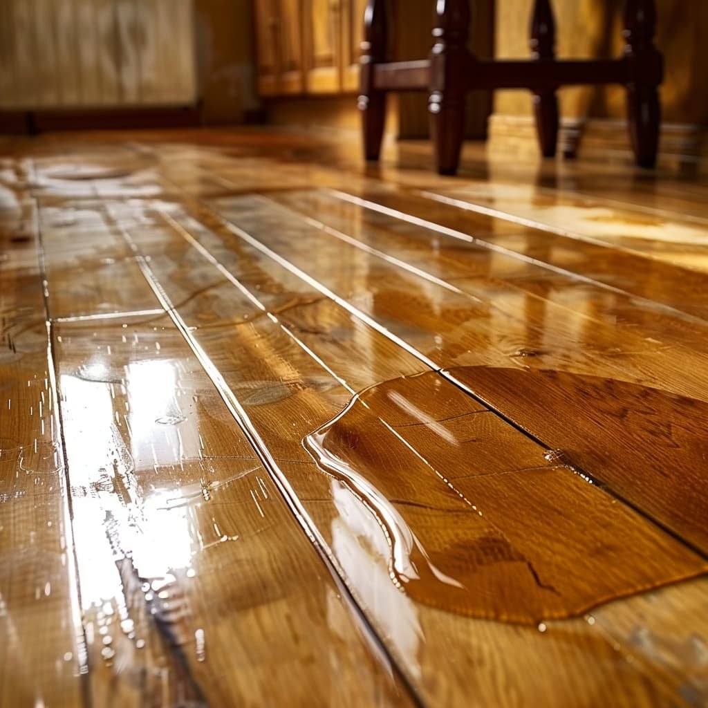 A hardwood floor with streaks and cloudy patches of dried cleaning product