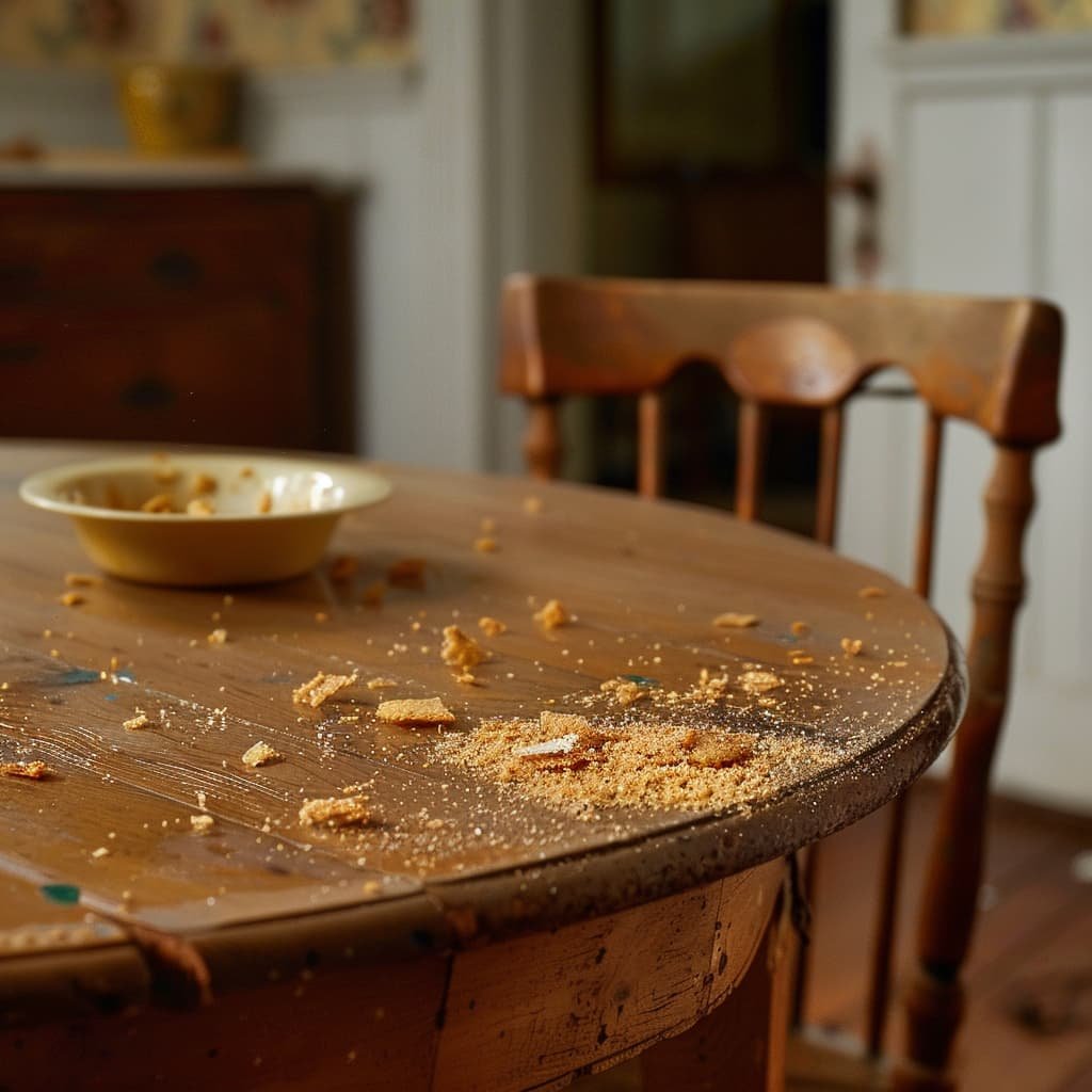 A kitchen table with scattered crumbs and a sticky spot