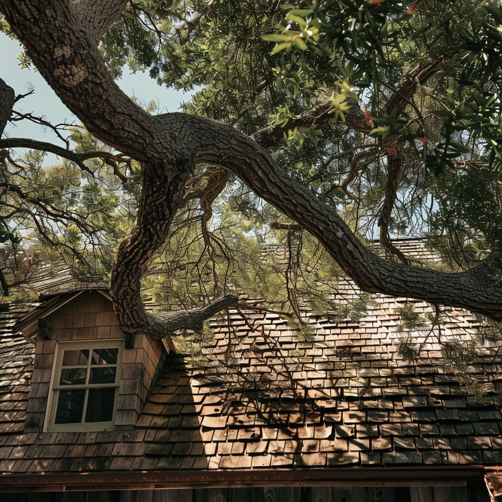 A large tree with branches scraping against a shingled roof