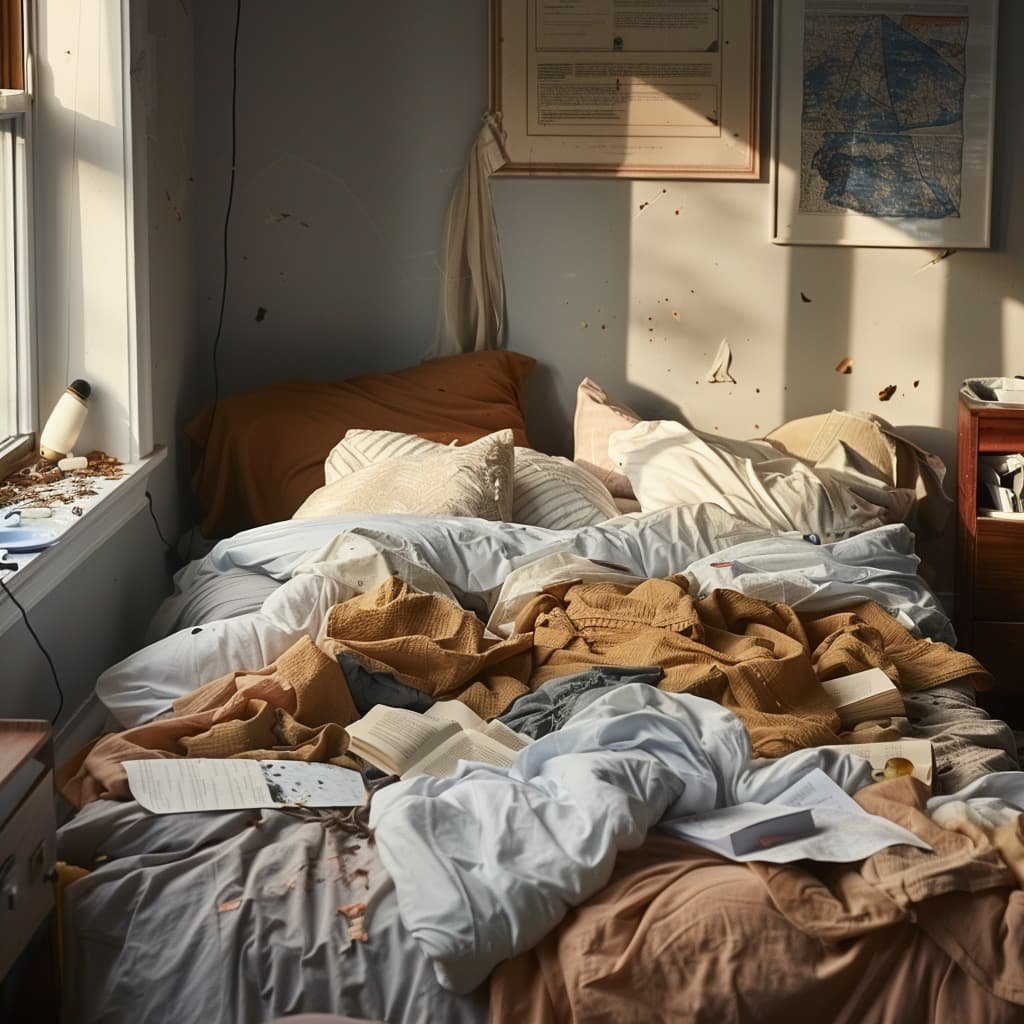 A messy bedroom with an unmade bed, blankets askew, and pillows strewn about 