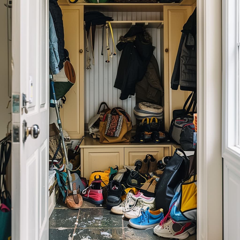 A messy mudroom with scattered shoes, jackets, and bags