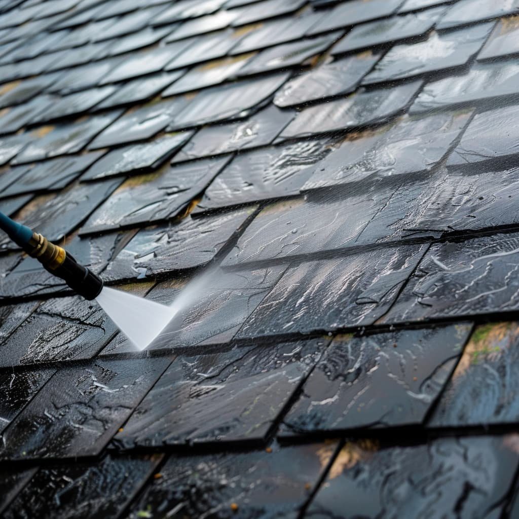 A person pressure washing a dirty shingled roof