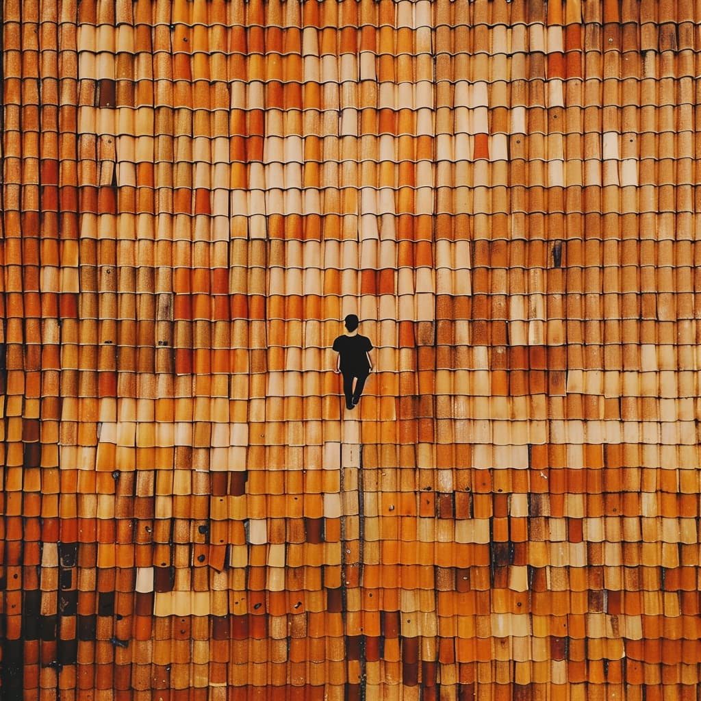 A person walking on a terracotta tiled roof