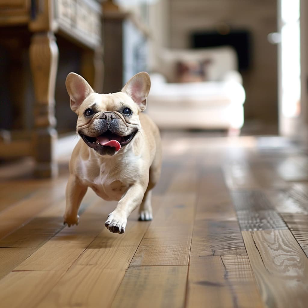 A playful dog running across a hardwood floor
