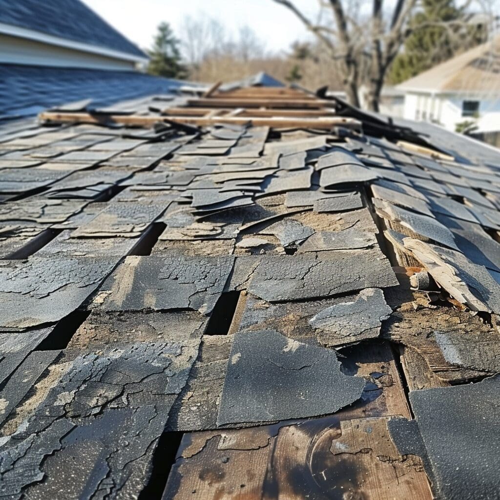 A roof with several missing shingles, exposing the underlayment