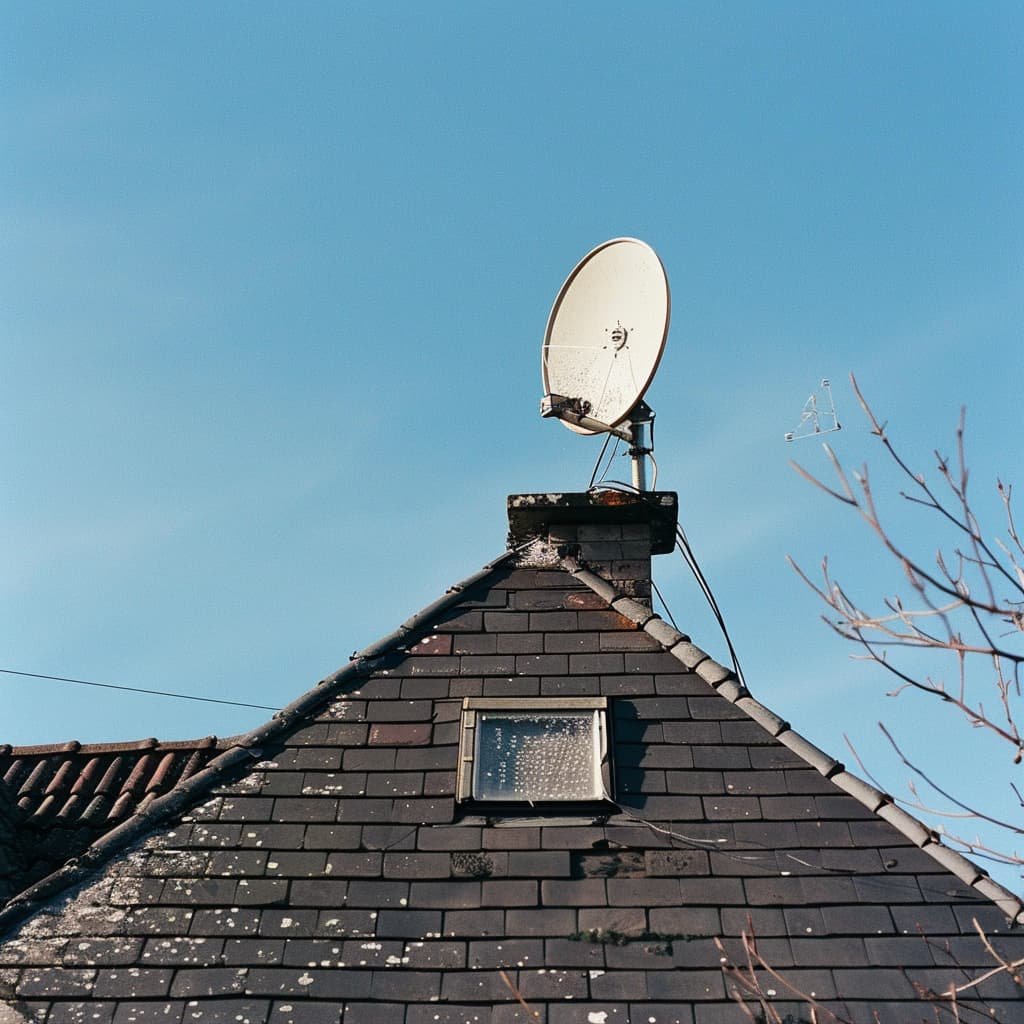 A satellite dish installed crookedly on a roof