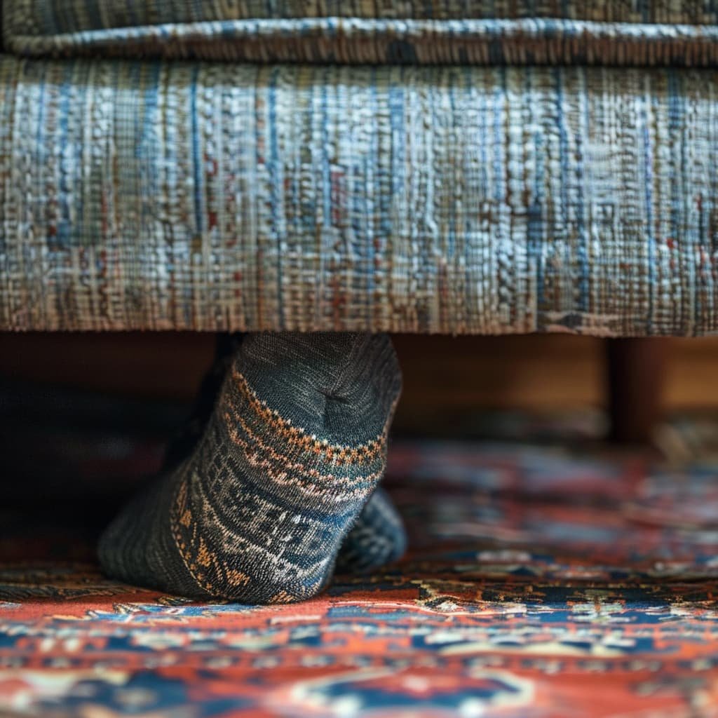 A single, mismatched sock peeking out from under a sofa