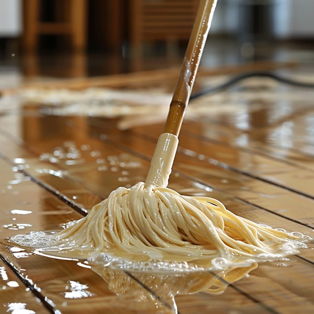 A very wet mop leaving a puddle on a wood floor