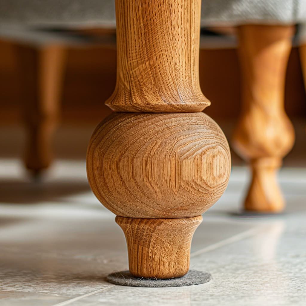 Close-up of a table leg with a felt pad on the bottom
