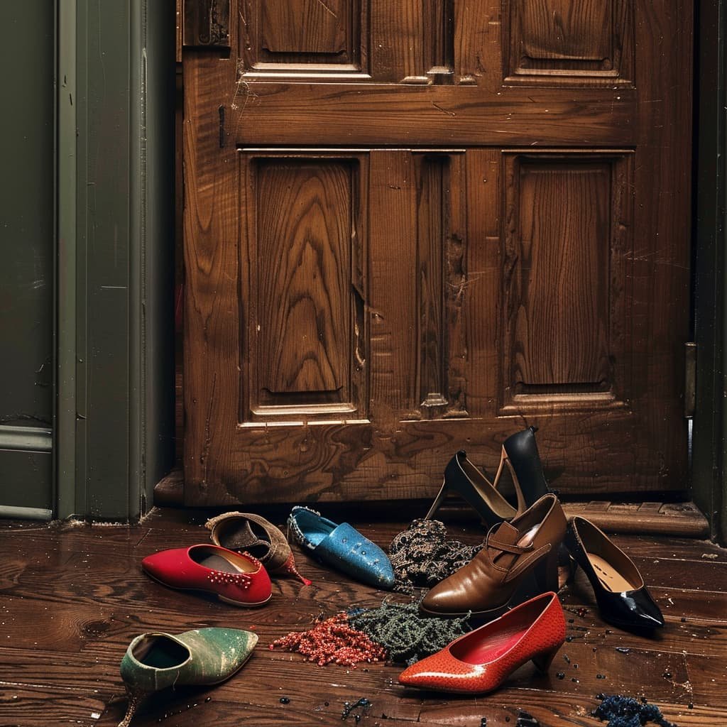 Several pairs of shoes scattered by an entryway door