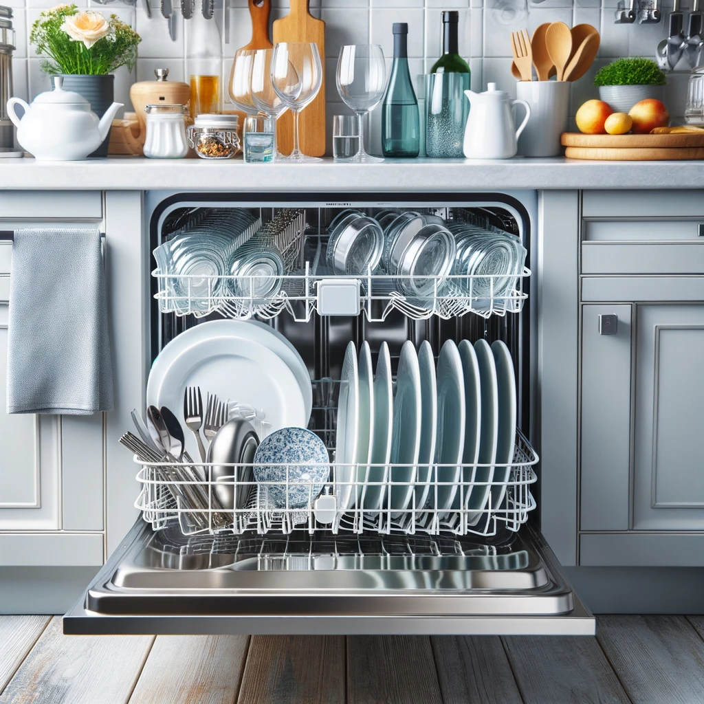 Showcasing a dishwasher with perfectly spaced dishes, emphasizing the importance of not overloading and allowing water to reach all items effectively