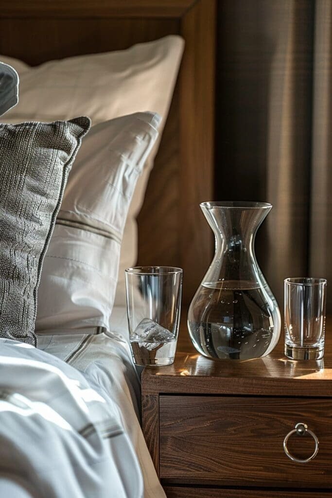 a bedside table adorned with a fresh water carafe and glass