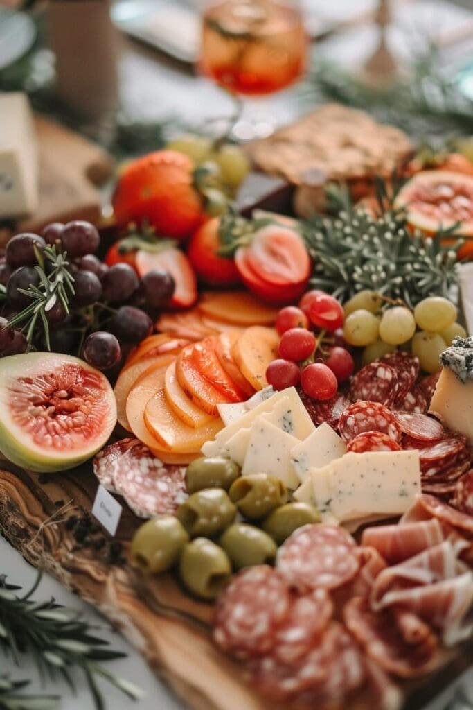 a bountiful charcuterie board with fruits, cheeses, and crackers