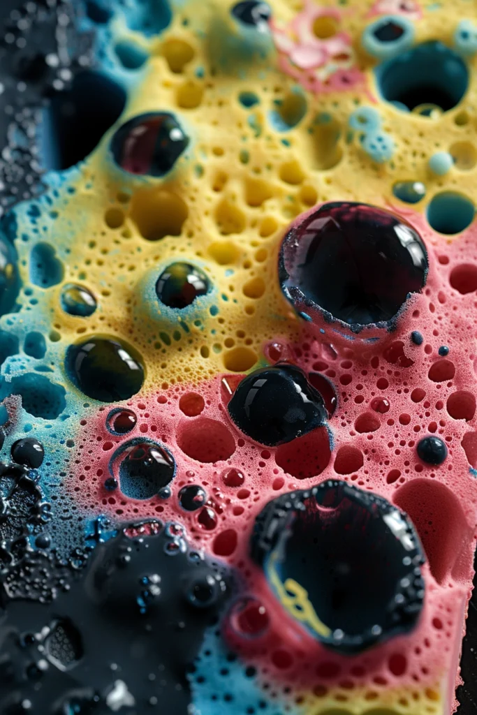 a close-up photo of a kitchen sponge with colorful splotches and dark stains