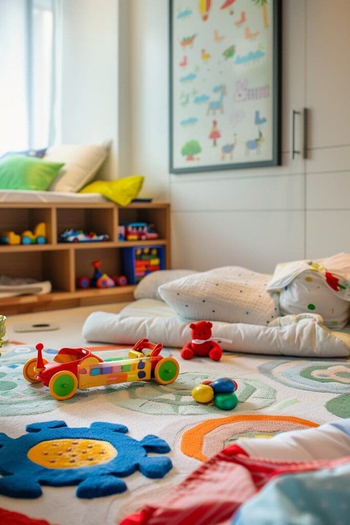 a designated play area with colorful toys and soft blankets
