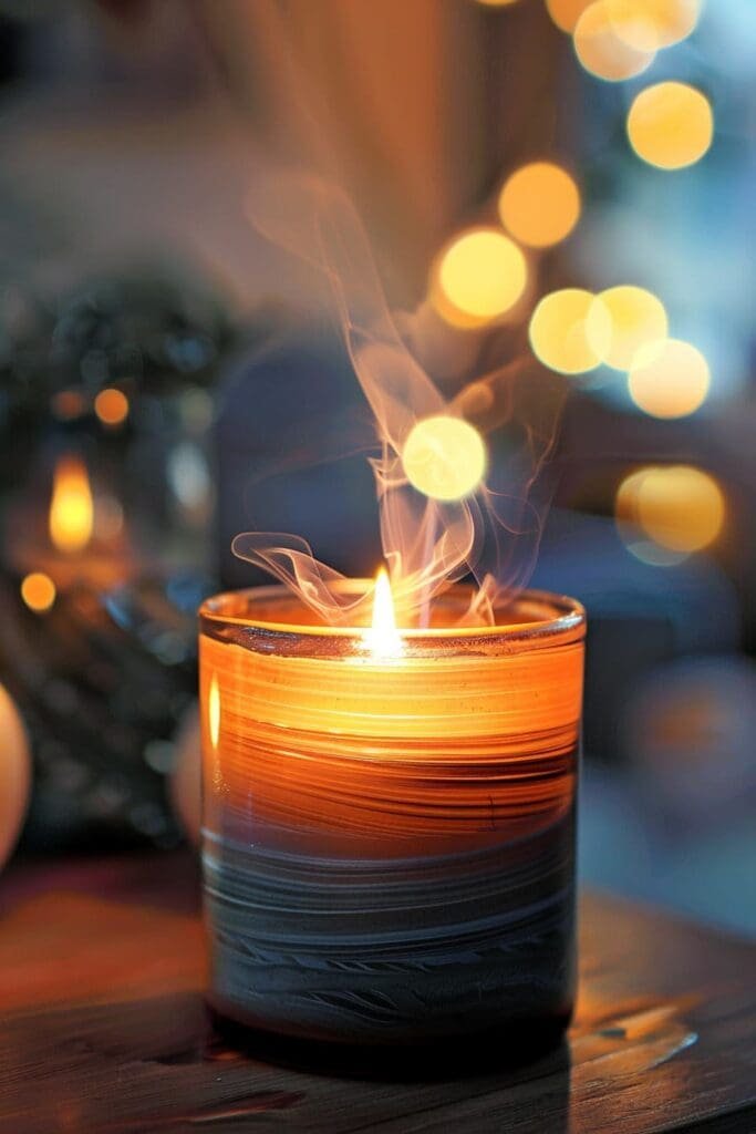 a flickering candle with swirls of warm, inviting fragrance