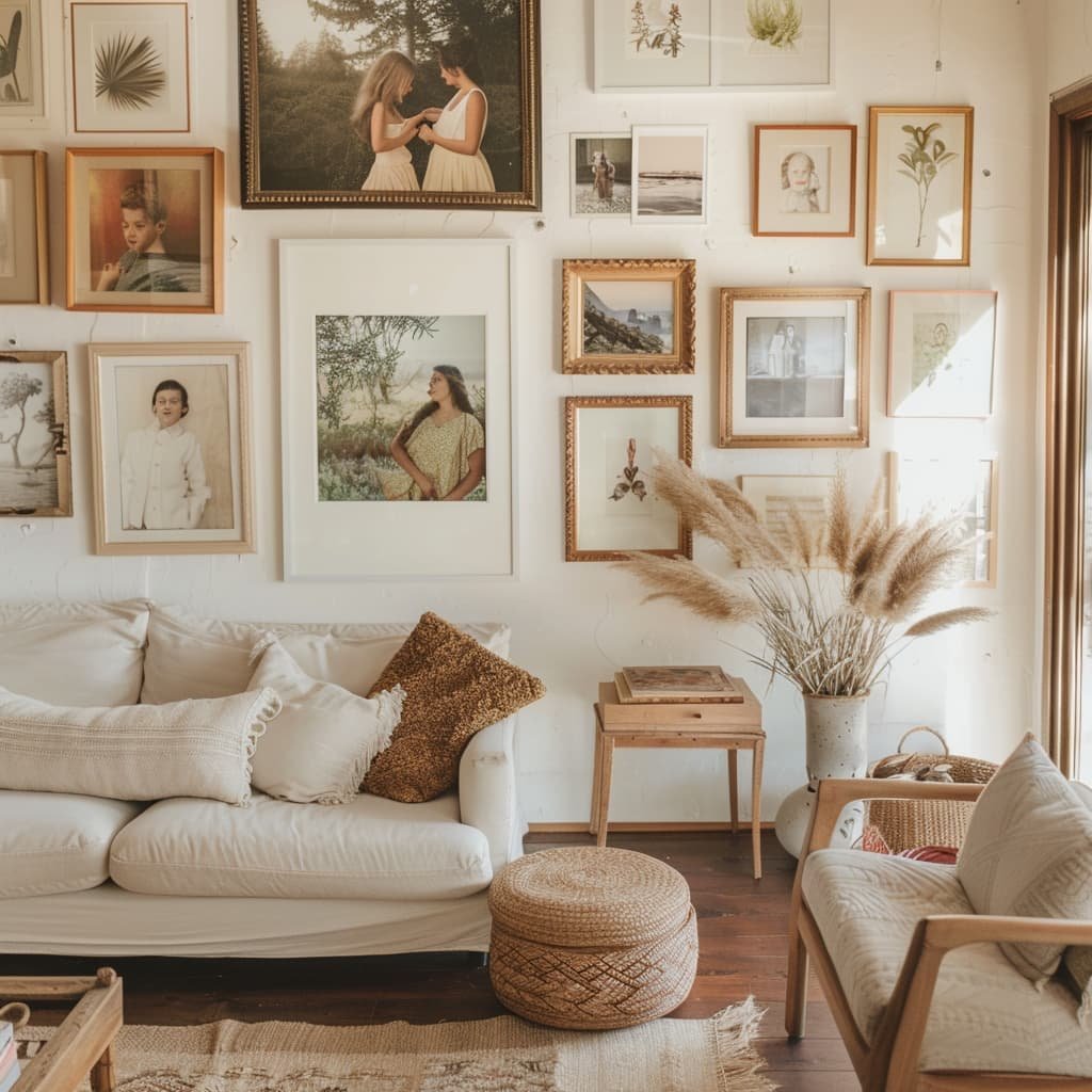 a gallery wall filled with family portraits