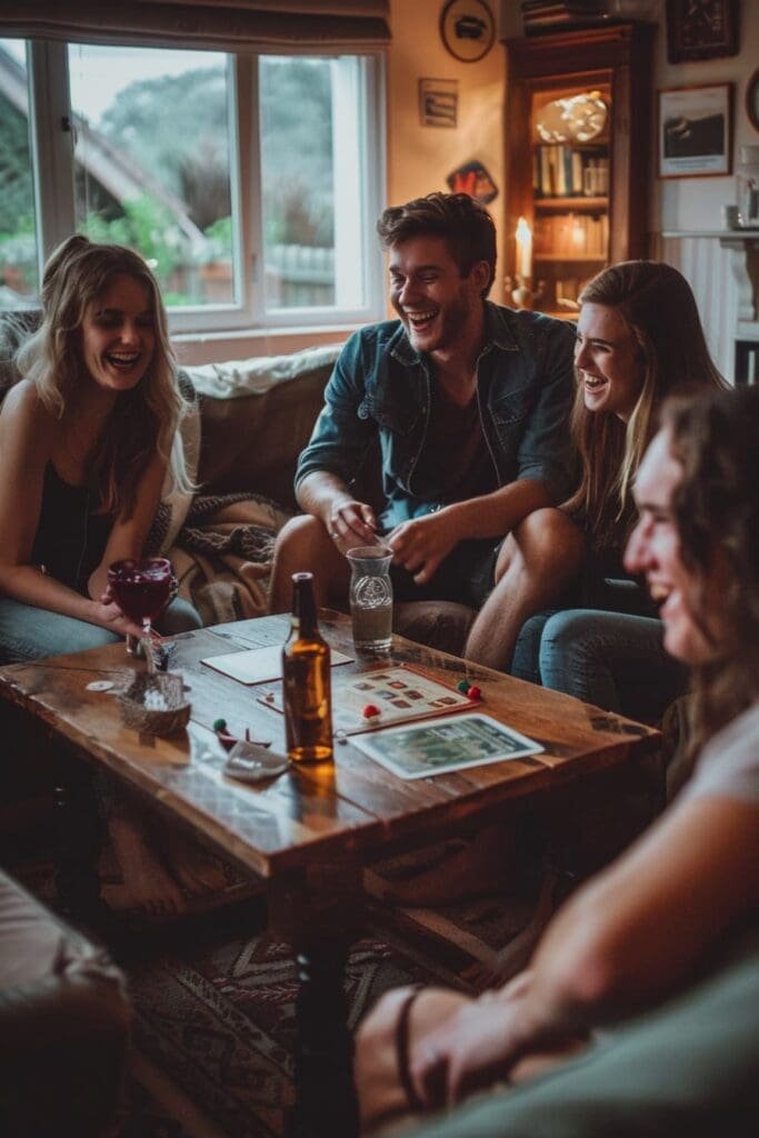 a group of friends laughing around a board game on a coffee table