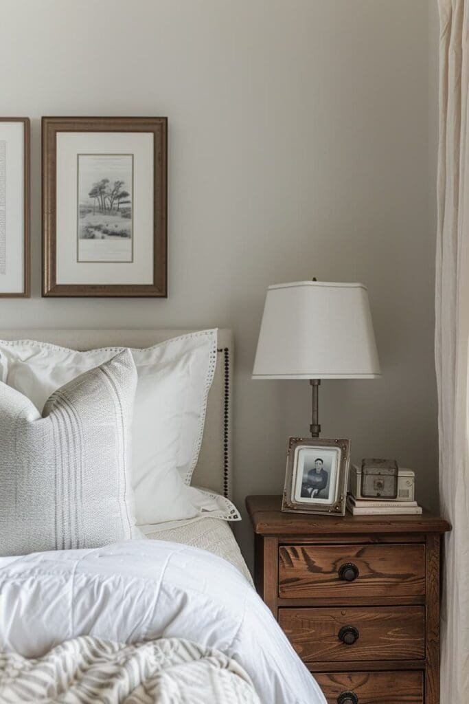 a guest bedroom with framed photos of the guests on the nightstand
