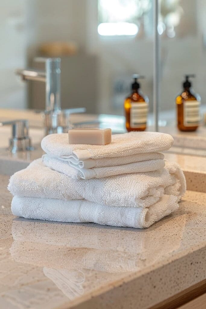 a luxurious bathroom countertop with fluffy towels and scented soaps