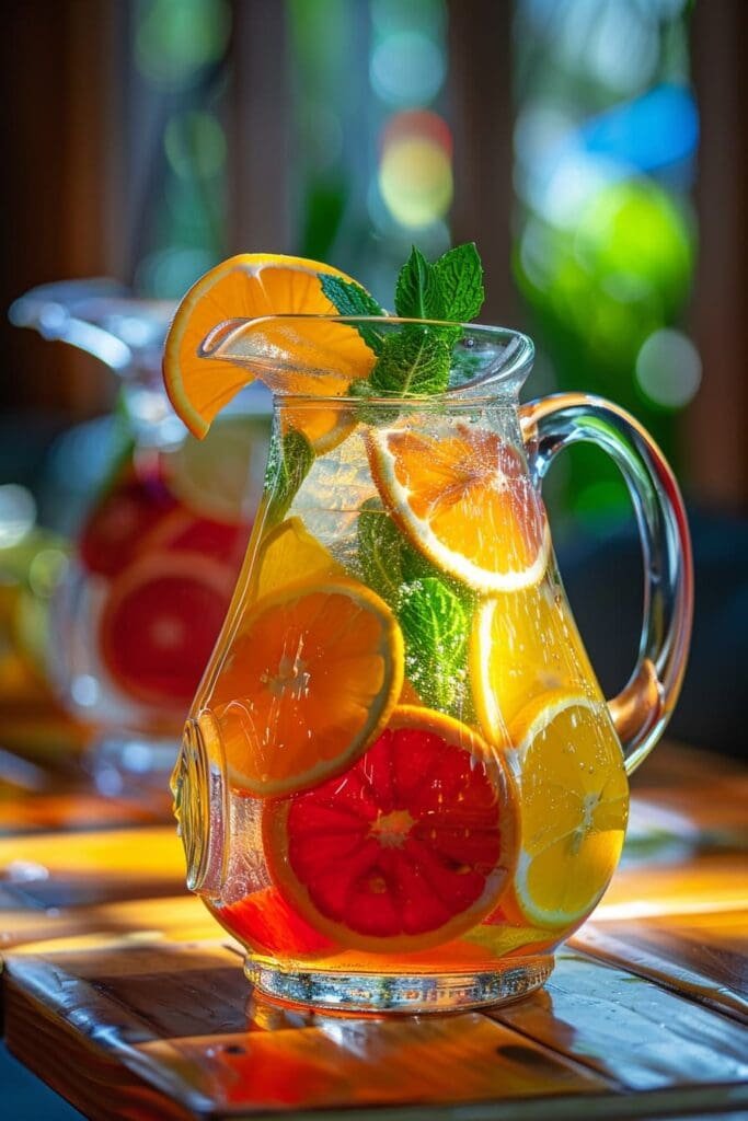 a pitcher of vibrant cocktails with citrus garnishes