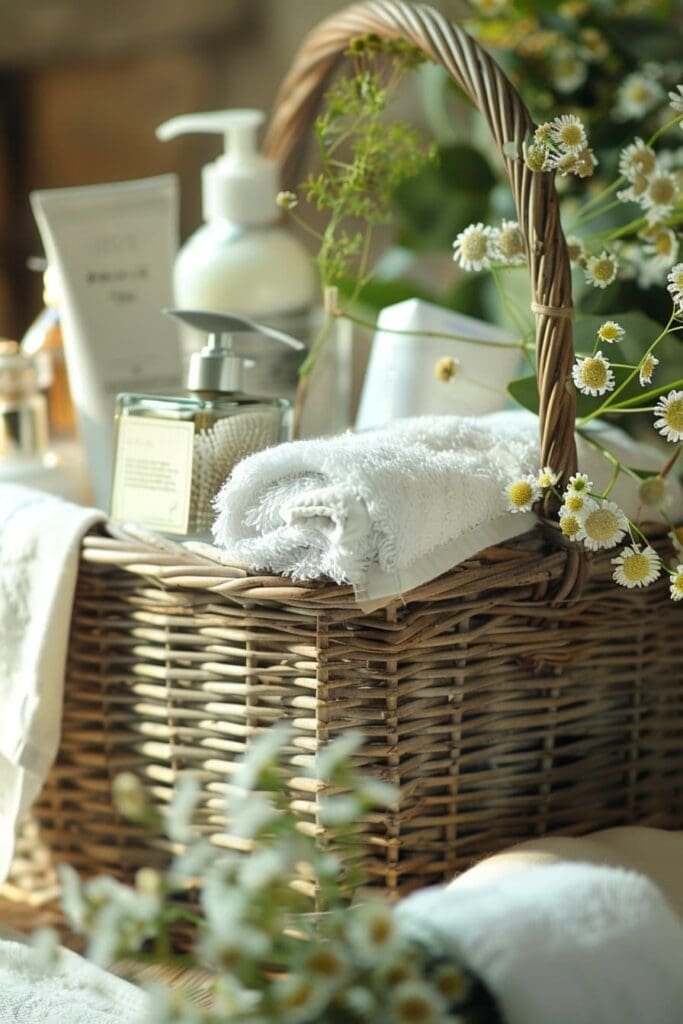 a wicker basket filled with luxurious toiletries