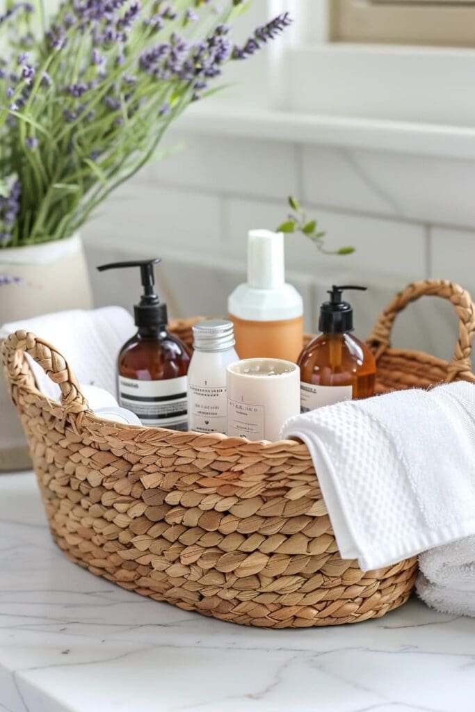 a woven basket filled with useful toiletries and household essentials