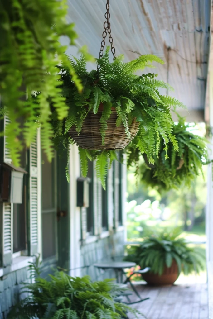 porch with Lush Ferns in Hanging Baskets