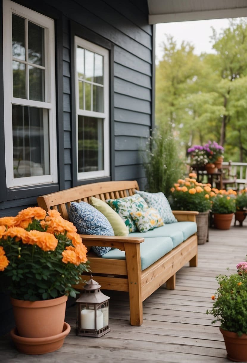 A porch adorned with potted plants, colorful spring flowers, and a cozy seating area with bright cushions and decorative lanterns