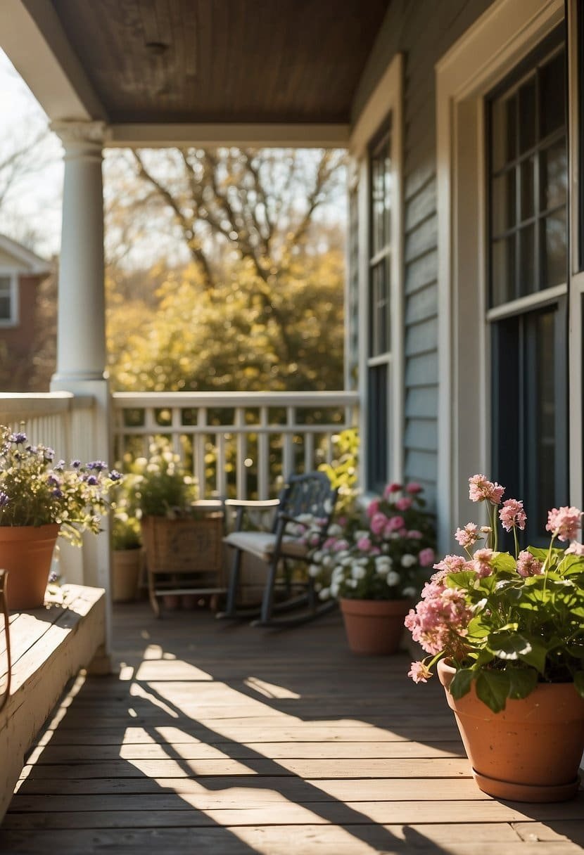 A porch bathed in spring sunlight, with a freshly washed floor and adorned with spring decor