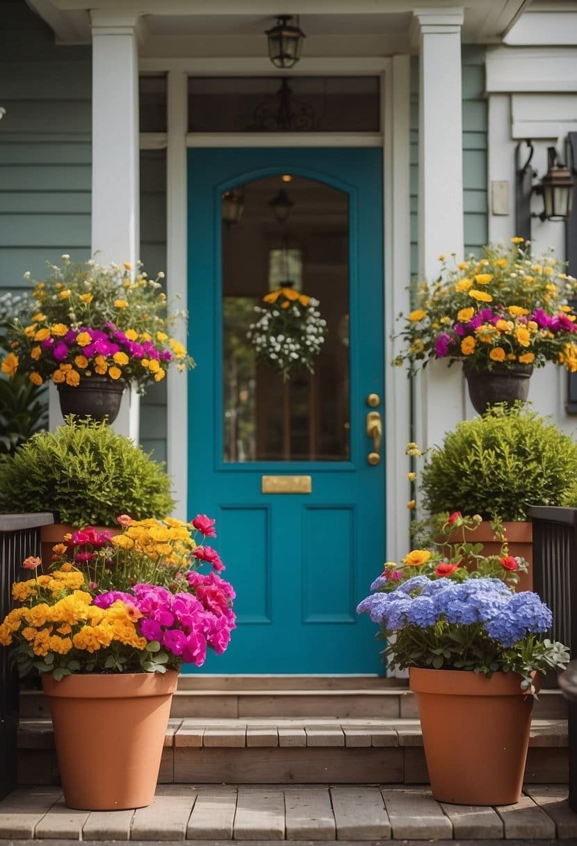A porch with a bright, colorful door, adorned with spring decor such as potted flowers and wreaths. The vibrant colors and lively atmosphere evoke a sense of the spring season