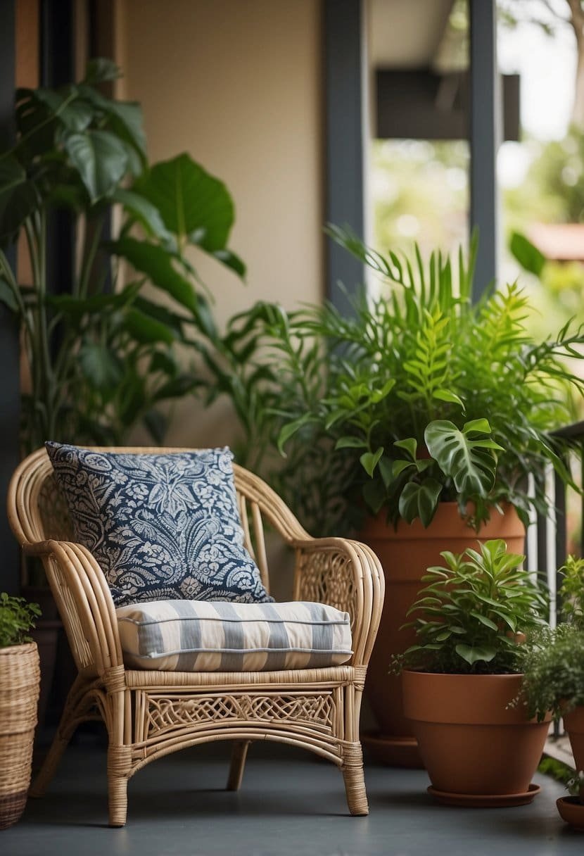 A cozy chair with a patterned cushion sits on a porch, surrounded by potted plants and soft lighting, creating a warm and inviting spring decor scene