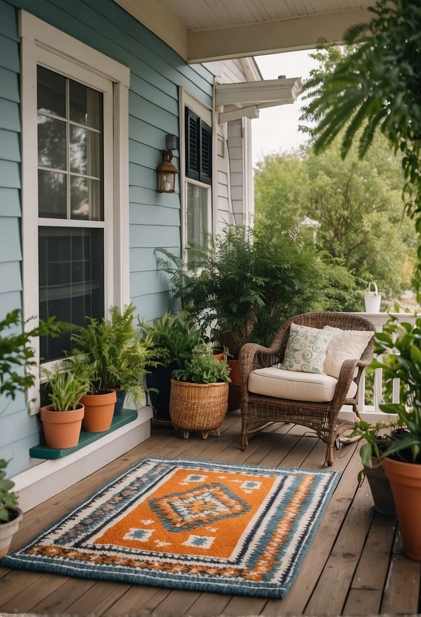 A porch adorned with a patterned outdoor rug, surrounded by potted plants and colorful spring decor