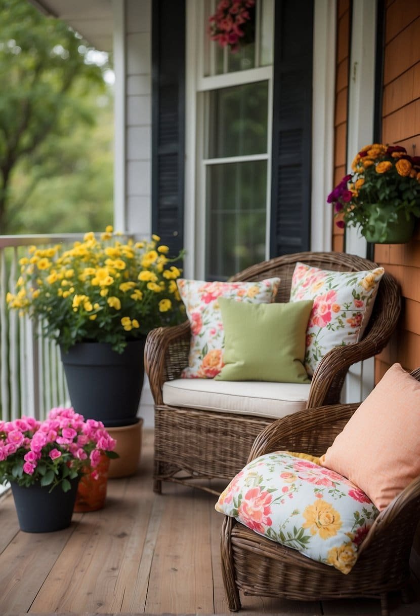 A porch adorned with vibrant floral pillows, creating a welcoming and cozy atmosphere for spring decor inspiration