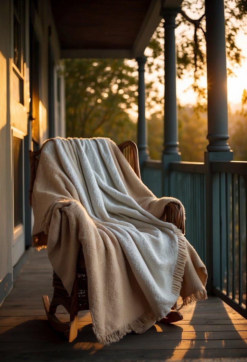 A cozy porch with a chair draped in a blanket, bathed in the warm glow of the setting sun