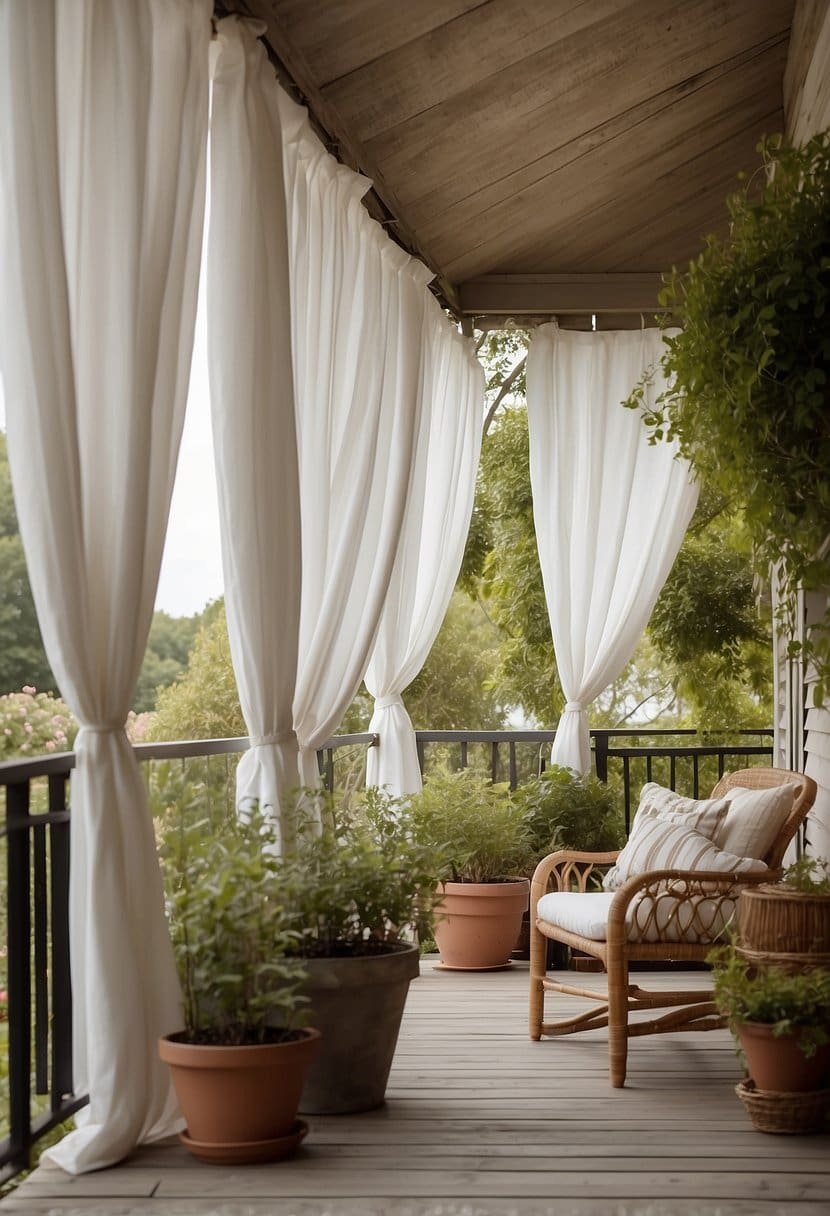 A porch adorned with white curtains swaying gently in the breeze, creating a serene and inviting atmosphere for spring decor inspiration