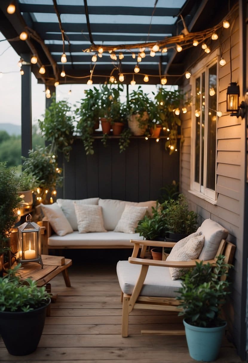 A cozy porch with warm string lights, potted plants, and comfortable seating