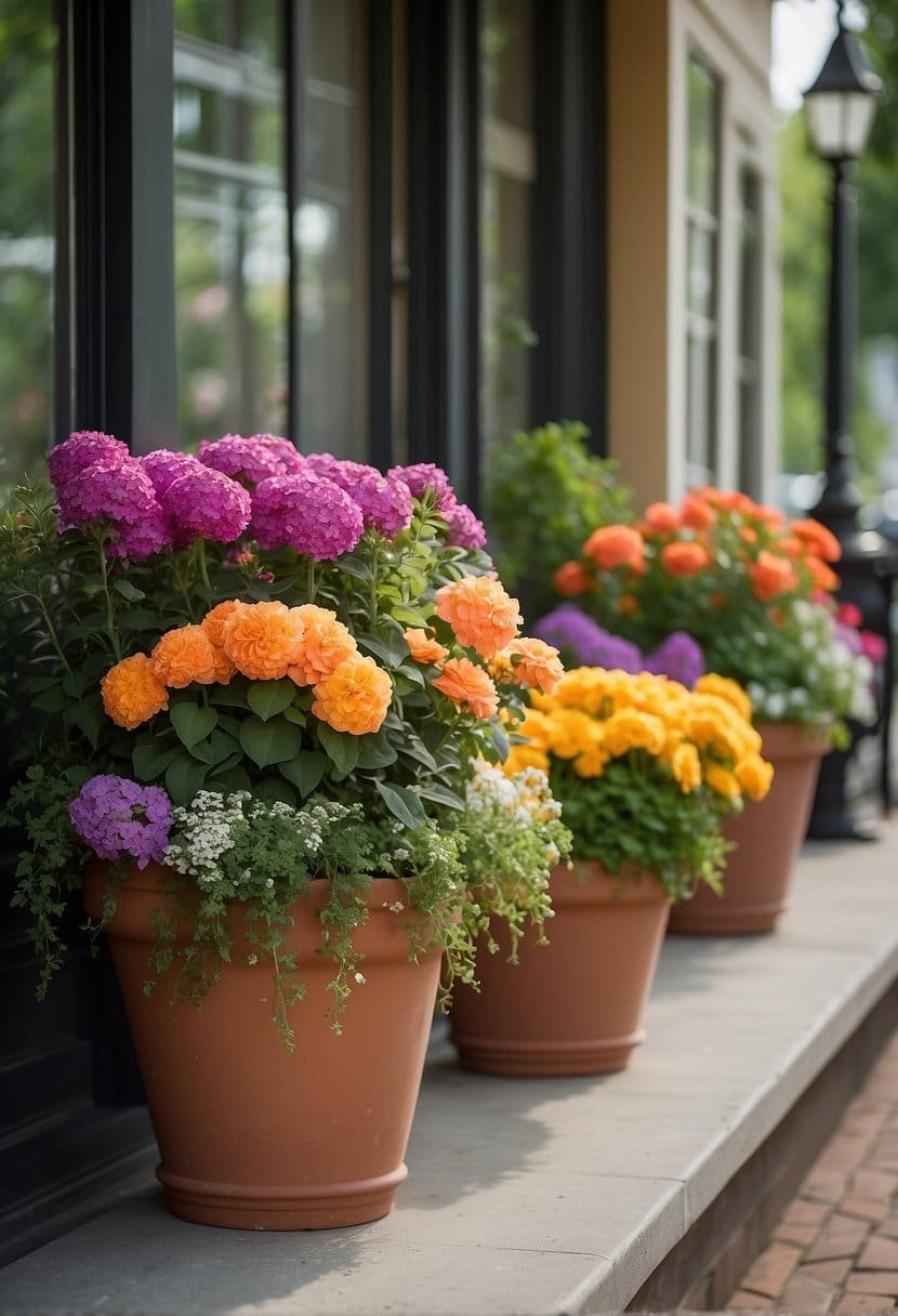 A porch adorned with overflowing flower planters bursting with colorful blooms