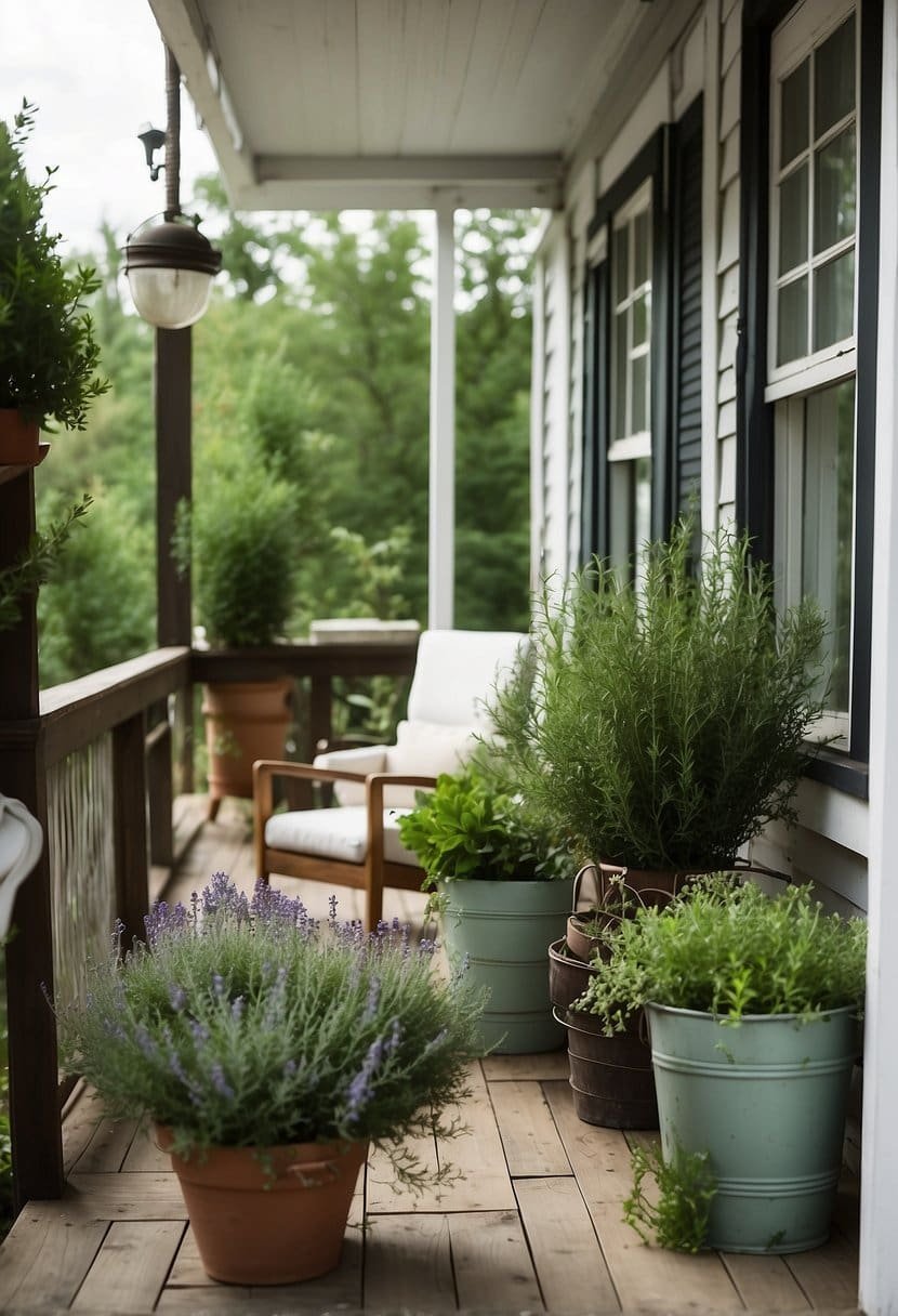 A quaint porch adorned with herb pots filled with fragrant rosemary and thyme, creating a cozy and inviting atmosphere for spring