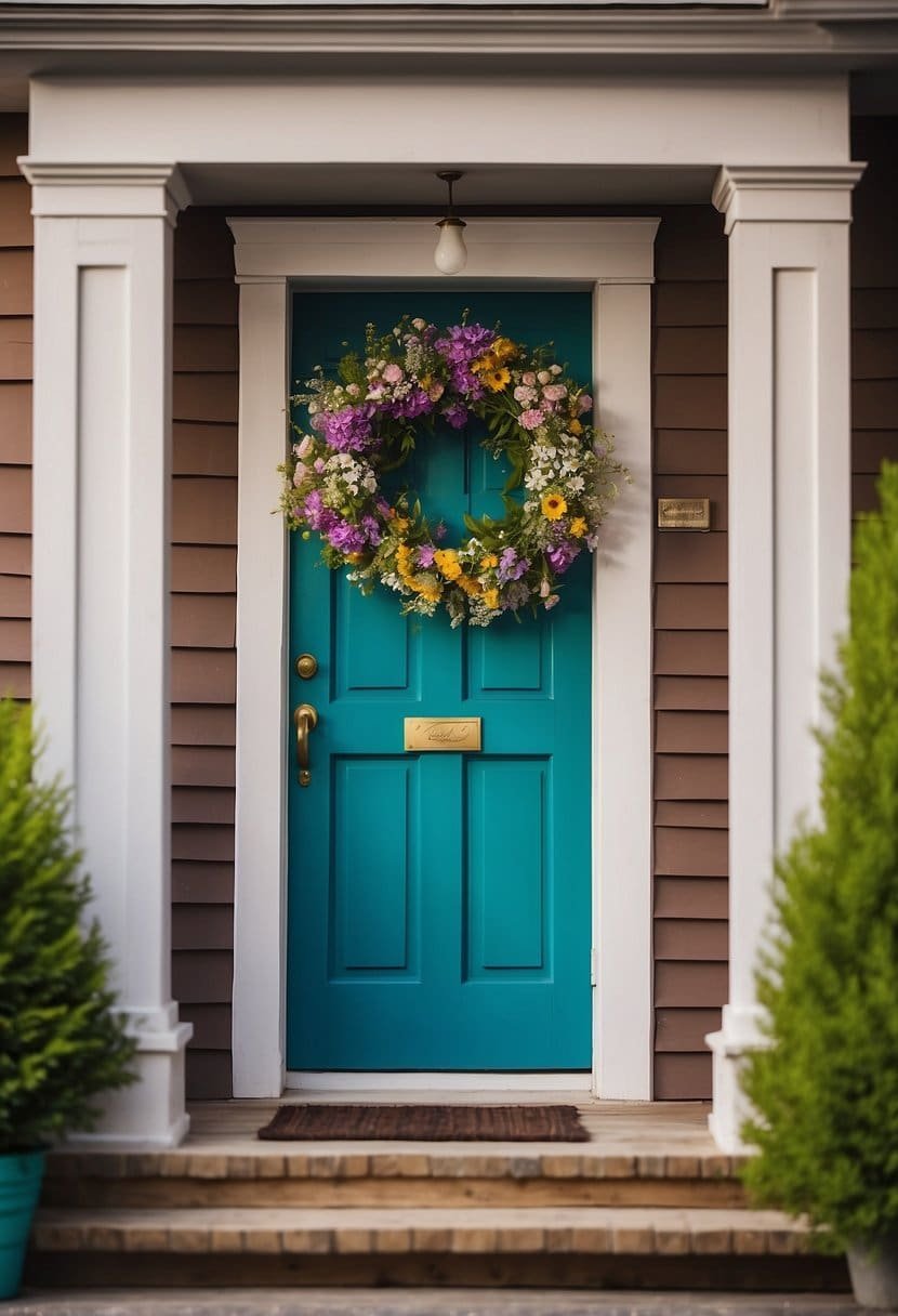 A porch with a wildflower wreath hanging on the door, surrounded by vibrant spring decor