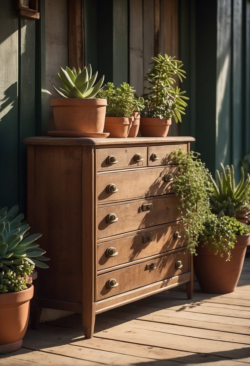 A vintage dresser sits on a porch, adorned with potted succulents. The sunlight filters through, casting soft shadows on the weathered wood