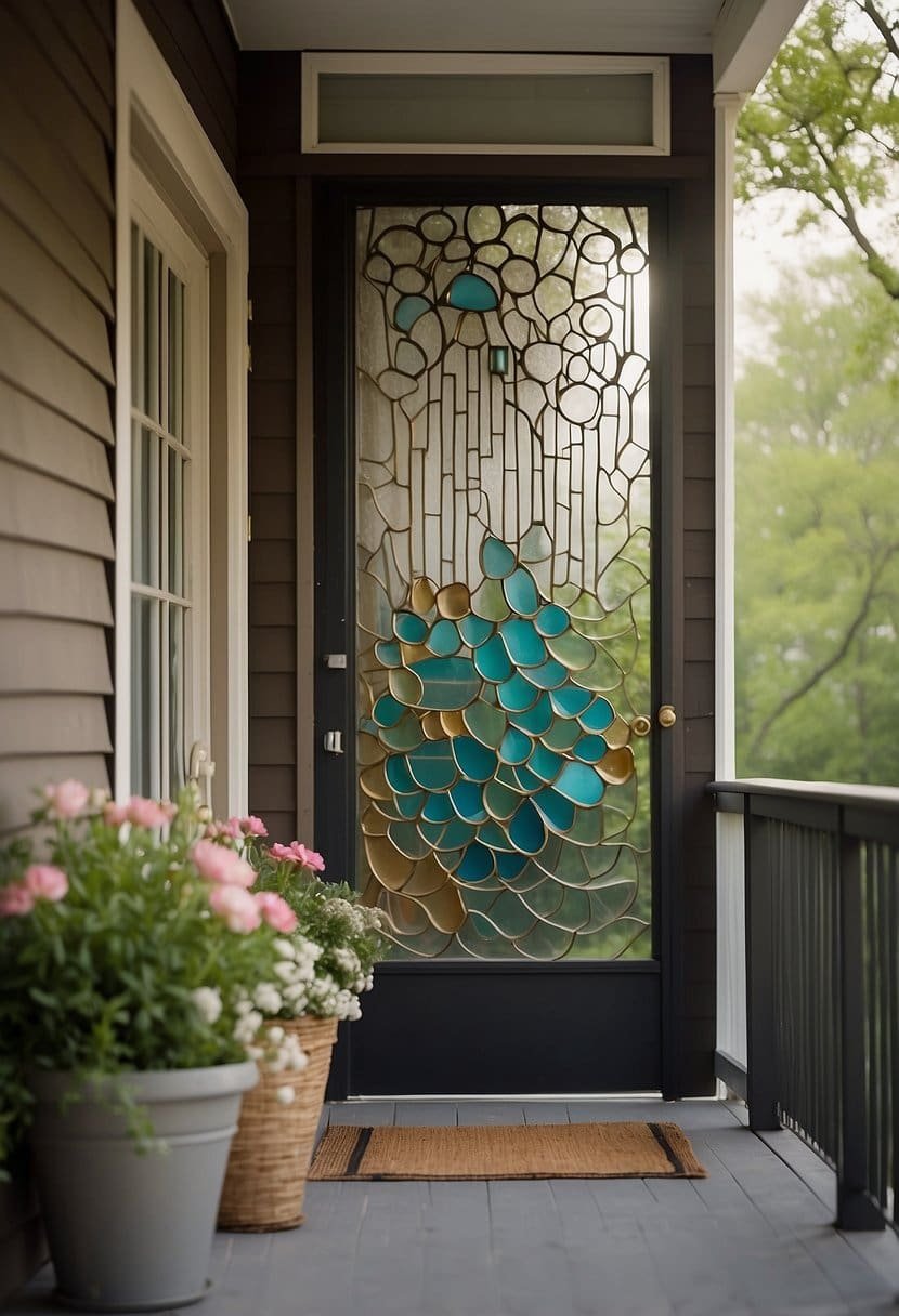 A porch adorned with abstract metal wall art, surrounded by spring decor