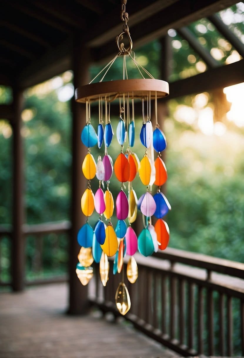 A porch adorned with colorful wind chimes tinkling in the breeze