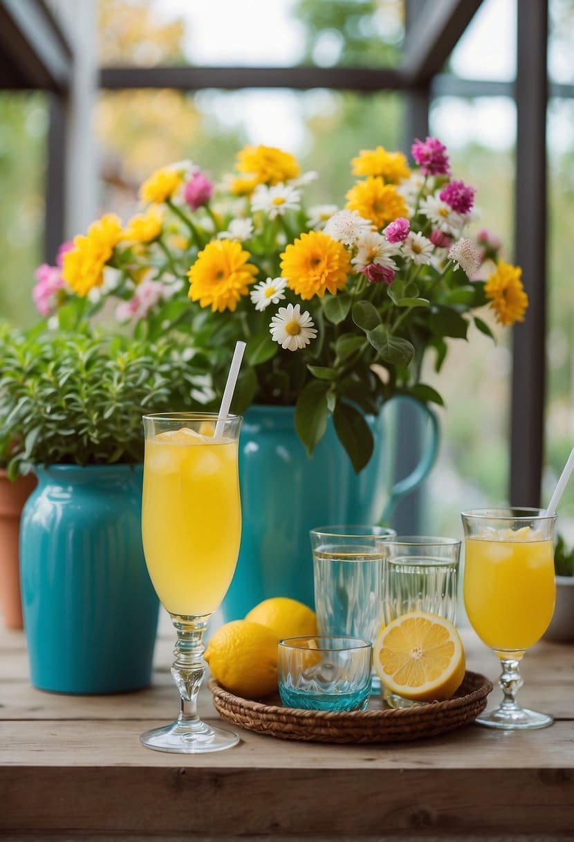 A porch with a side table holding a pitcher of lemonade and glasses, surrounded by potted plants and colorful spring decor