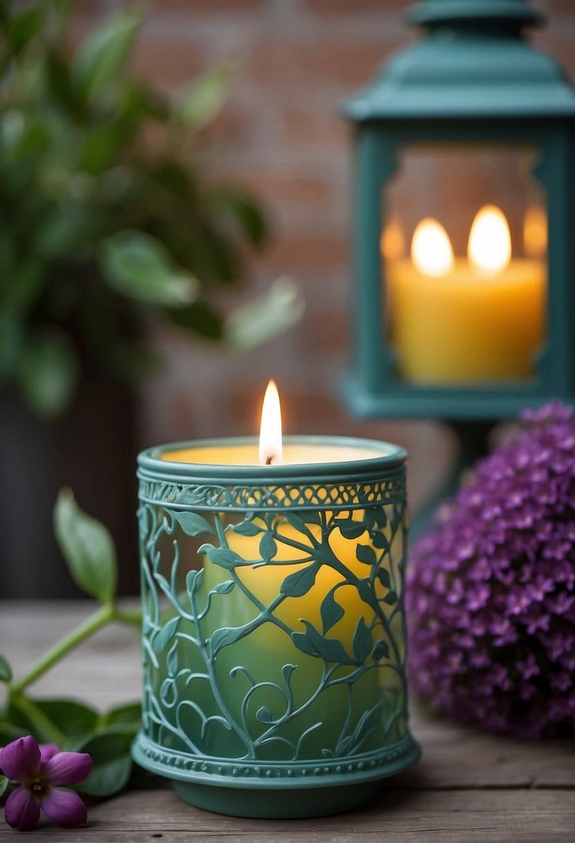 A porch adorned with a patterned citronella candle in a holder, surrounded by spring decor
