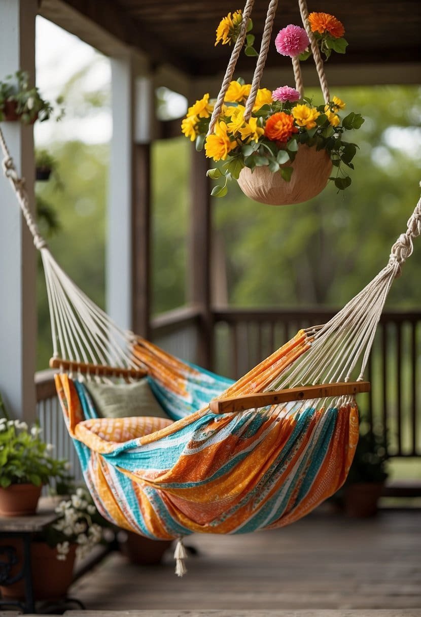 A colorful hammock sways gently on a porch, surrounded by vibrant spring decor